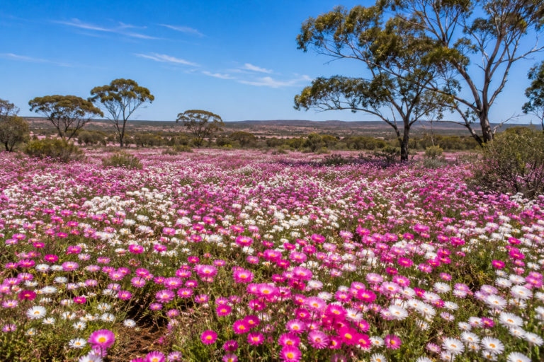 Field of pink and white everlastings stretching toward the horizon in WA bushland